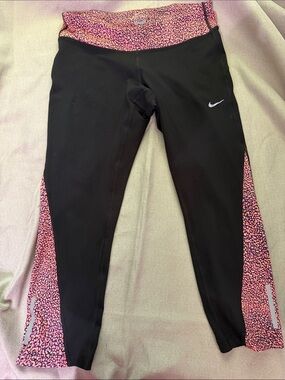 Nike Black Leggings with Pink Leopard Waistband & Side Panels